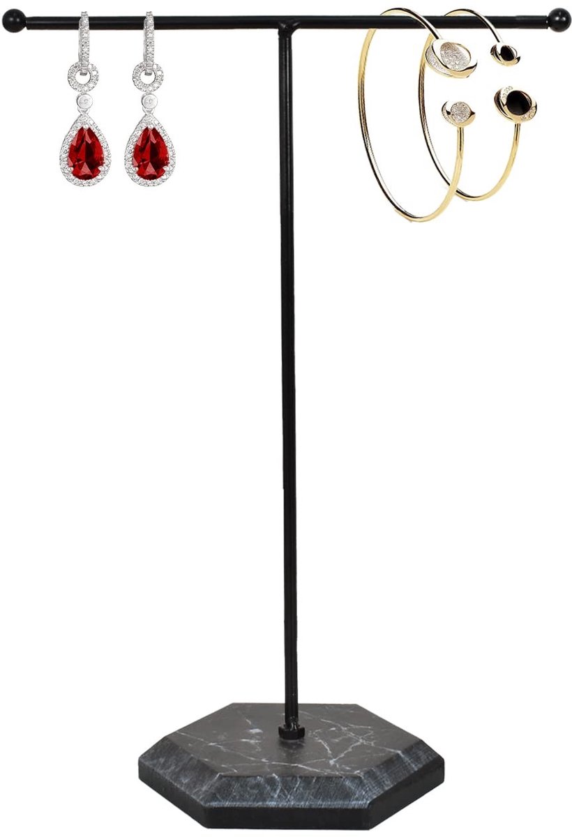 Dailygoody - Sieradenorganisator - T-Bar displaystandaard - Zwart - Oorbellen houder - Metalen hanger rek - Geschikt voor dames - Marmeren patroo