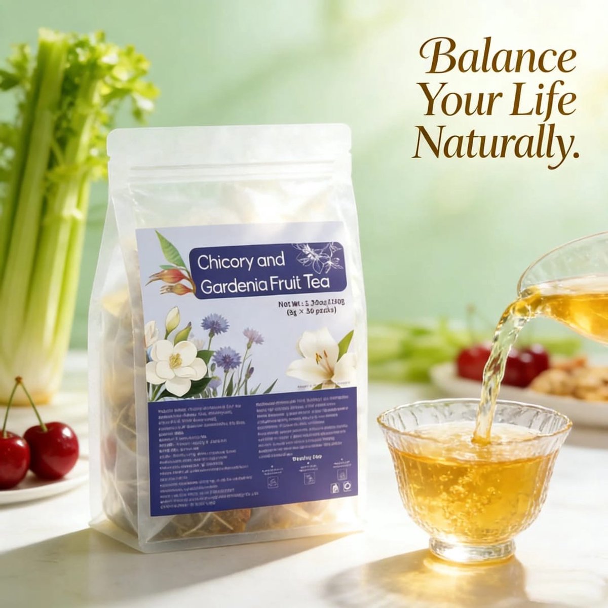 Cichorei en Tuinjasmijn Kruidenthee – 30 Luxueuze Verpakkingen (150g) – 100% Natuurlijke Blend met Kudzu & Lelie – Cafeïnevrij