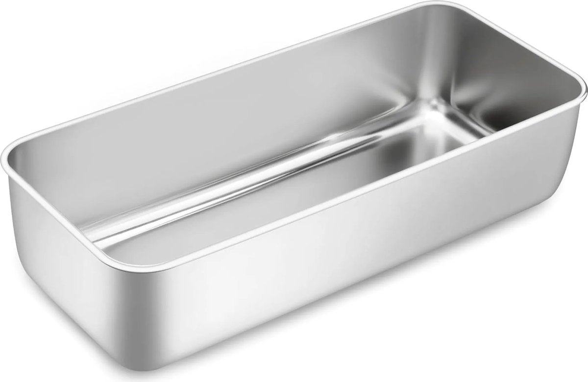 Deze grote rechthoekige broodvorm is 33 cm lang, 6,5 cm diep en 15 cm breed, is gemaakt van roestvrij staal en is gezond en niet-giftig. Hij is geschikt voor het bakken van cakes, brood en toast en kan in de vaatwasser.