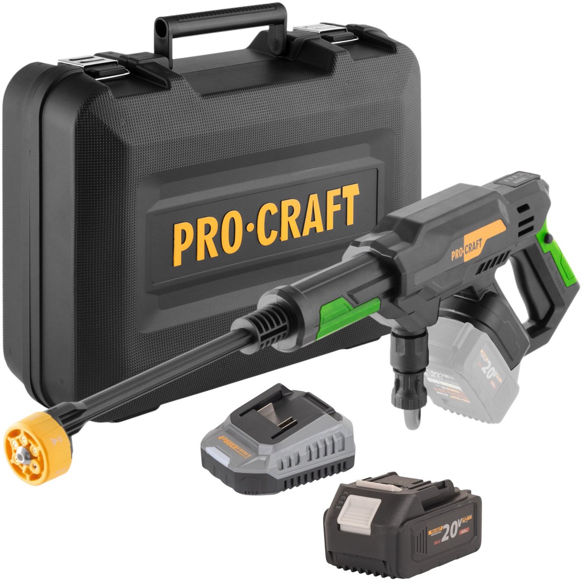 Procraft CW20bb accu-hogedrukreiniger 20 V 30 bar 180 l/u borstelloos + 1x accu 4,0 Ah + oplader + koffer