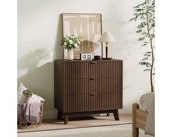 3-Drawer Tall Curved Chest, Metal Handles & Wood Legs, Fluted Side Table, Bedroom, Living Room, Hallway, Walnut