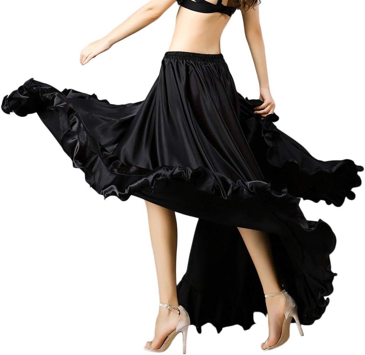 Bellydance rok voor dames met elastische taille, hoge split en grote zwierige ruffles voor flamenco en masquerade evenementen