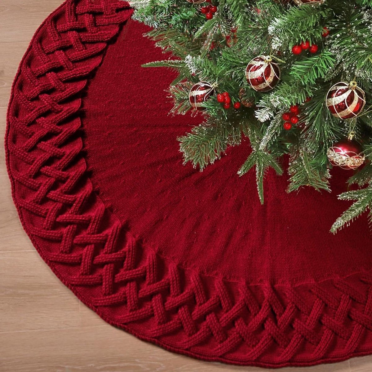 Grote Kerstboomrok 48 Inch - Rode Gebreide Kerstboomdeken, Rond Tapijt voor Kerstversiering en Feestdagen