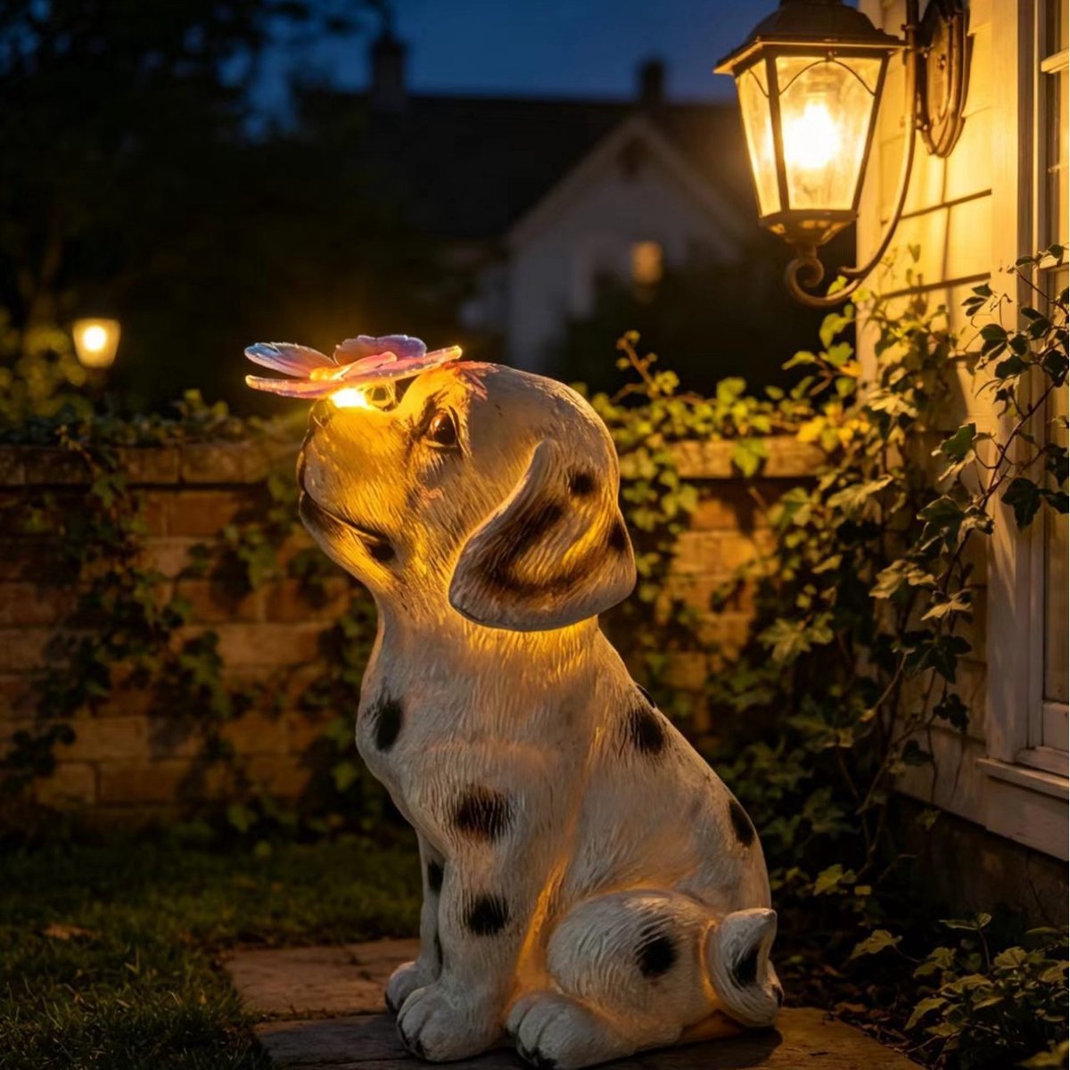 LED-dierenlampjes op zonne-energie- sfeerverlichting voor buiten- schattige tuinverlichting van hars-Schattig hondje met bloemen in zijn hand. -12.2*15*20.5cm
