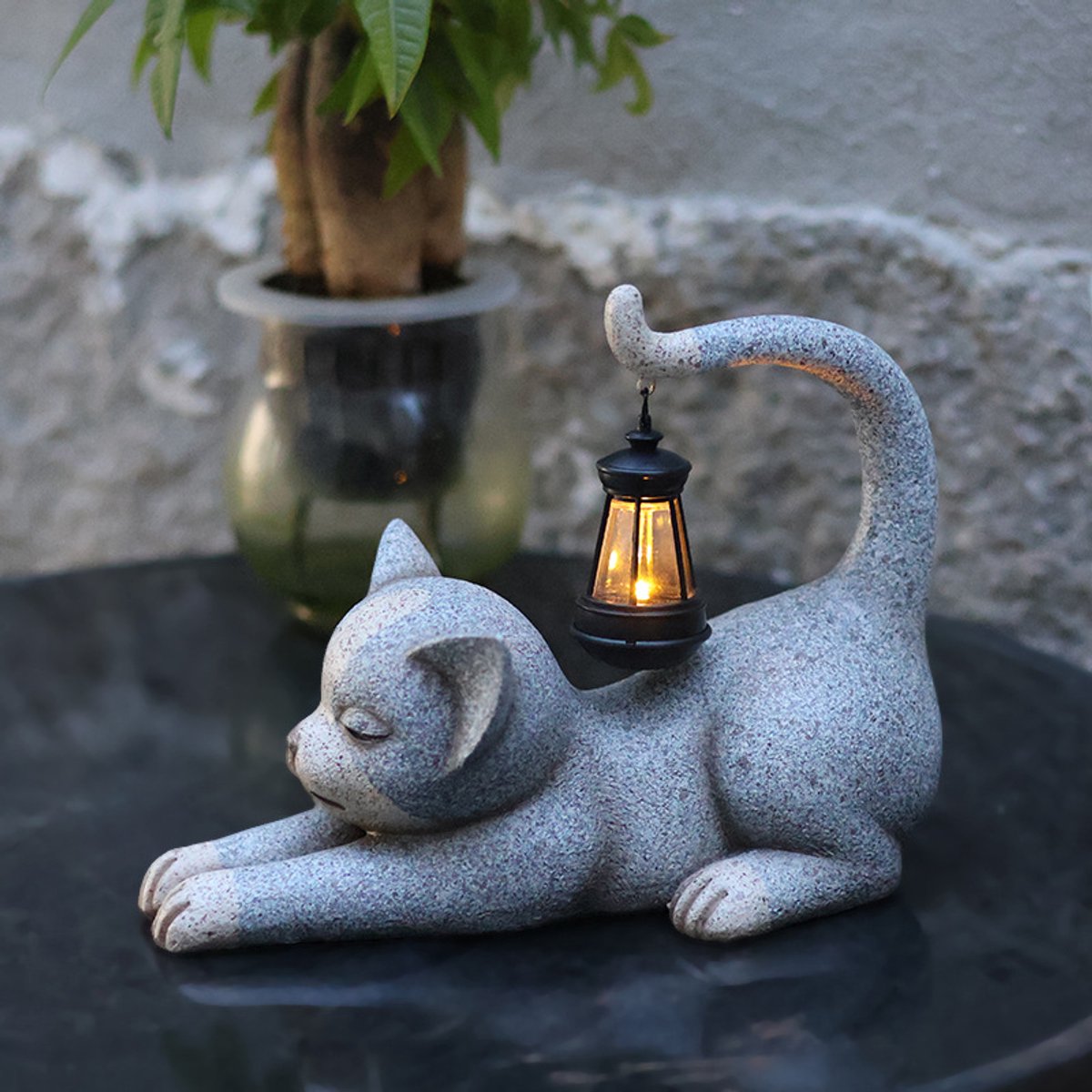 LED-dierenlampjes op zonne-energie- sfeerverlichting voor buiten- schattige tuinverlichting van hars-Hanglamp met grijze kattenstaart -15.5cm*20cm*12.5cm
