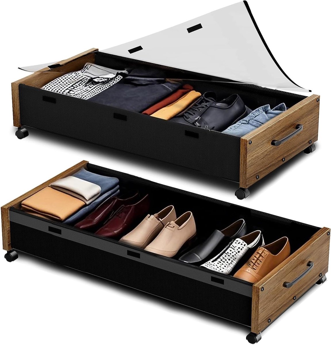 Extra grote opbergbakken met wielen voor onder het bed, houten opbergcontainers, rolbare lade-organizer voor schoenen met doorzichtige deksel, stevige opslagoplossing