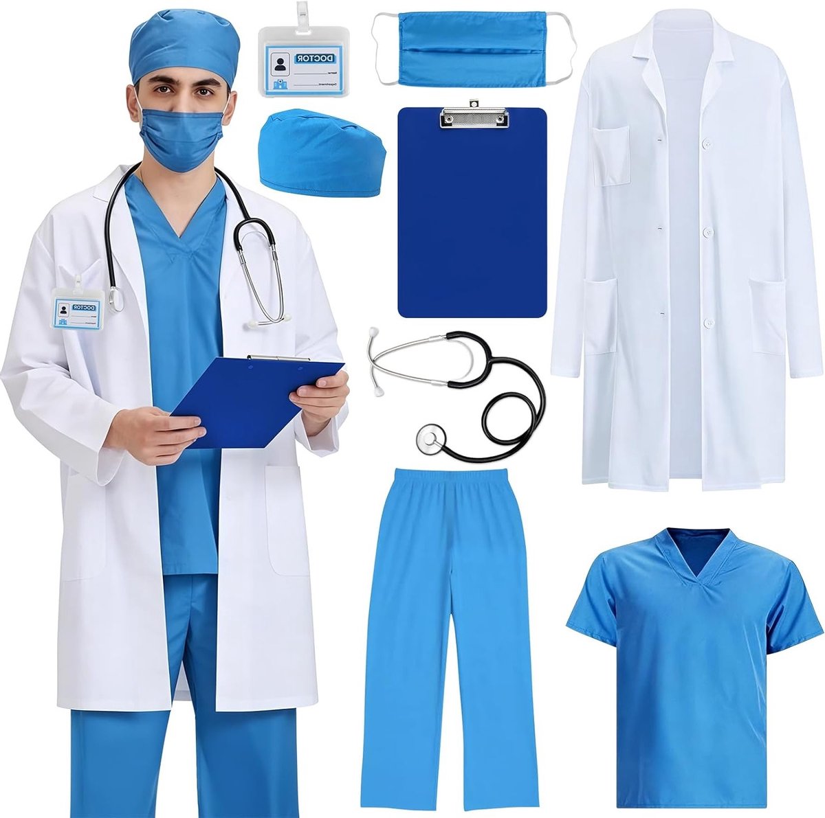 Volwassen Dokterskostuum Set met Doktersjas, Broek, Chirurgisch Mondmasker, Stethoscoop en Clipboard voor Feestjes en Verkleedpartijen