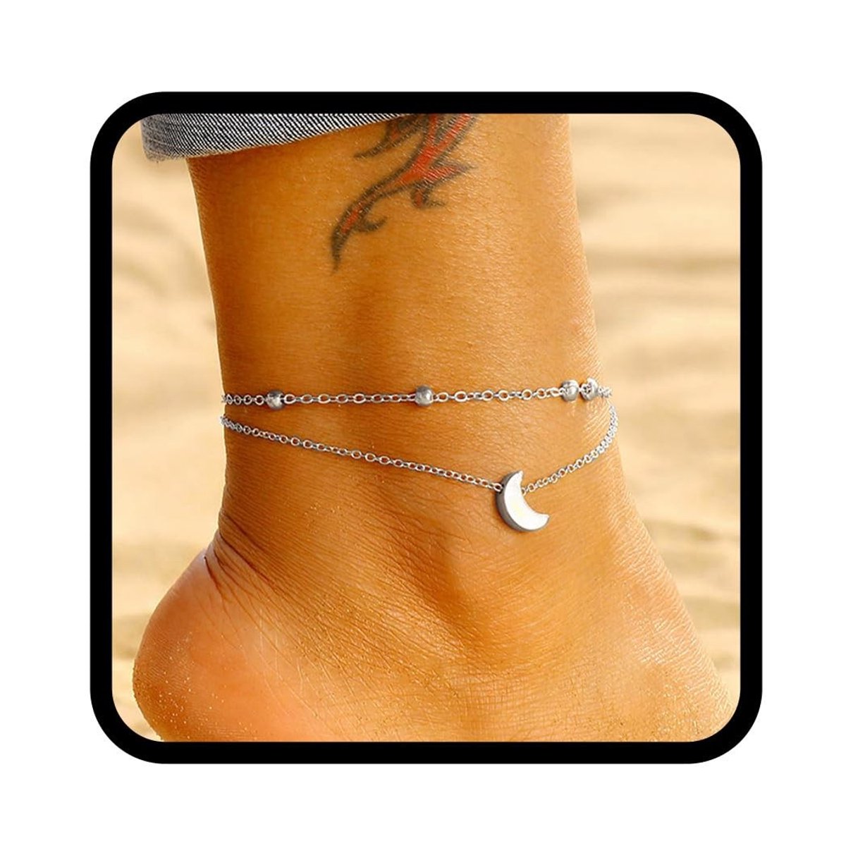 Dailygoody - Boho Maan Enkelbanden - Gelaagde Halve Maan Armbanden - Zilver - Strand Kralen Voetkettingen - Perfect voor Vrouwen en Meisjes
