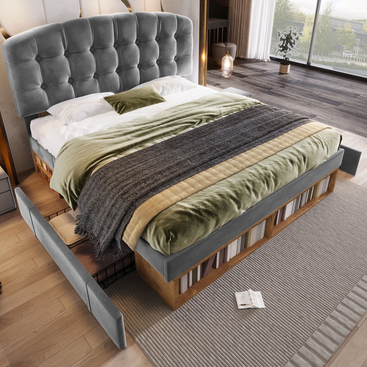 Gestoffeerd Bed 140x200 - Velvet Tweepersoonsbed Met Opberglades En Verstelbaar Hoofdbord - Grijs