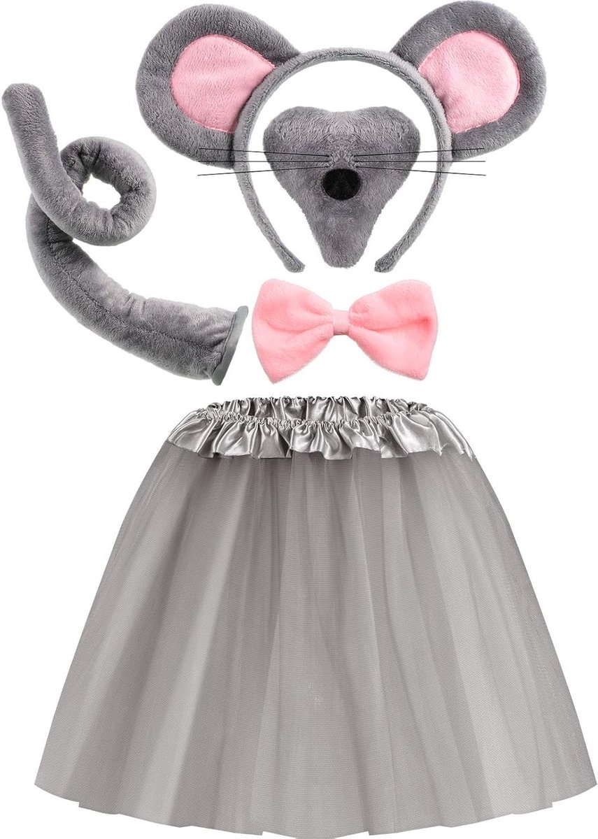 Kinderen Halloween Muiskostuum Set met Tutu Rok, Dierlijke Oren, Neus, Staart en Strik Accessoires voor Feestjes en Verkleedpartijen