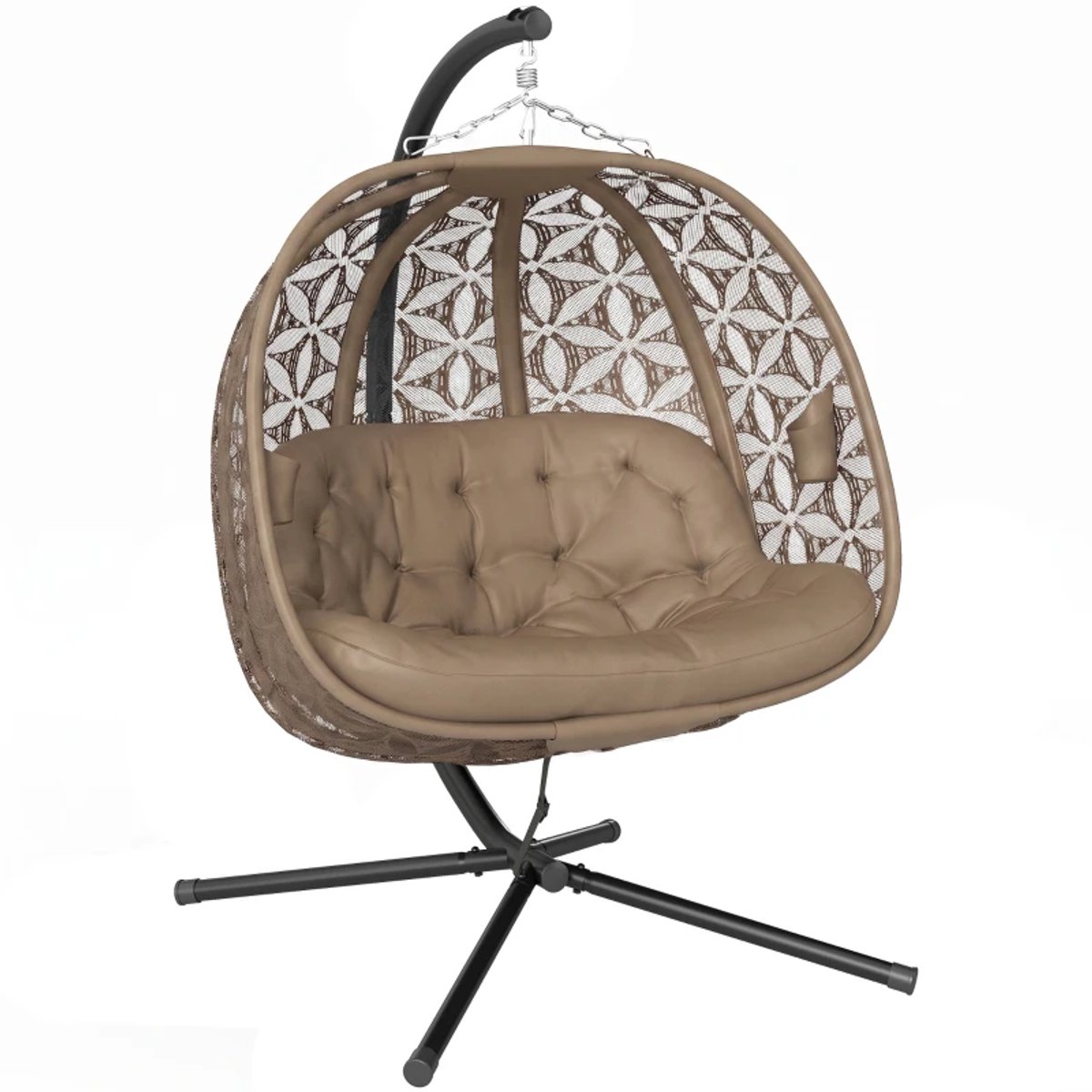 Egg Hangstoel met Standaard, Bekerhouder & Kussen - Egg Chair voor 2 Personen - Stalen Frame - Opvouwbare Hangschommel - Schommelstoel - Tuinstoel - tot 240 kg - voor Binnen / Buiten - voor Tuin, Terras, Balkon - Zand + Zwart