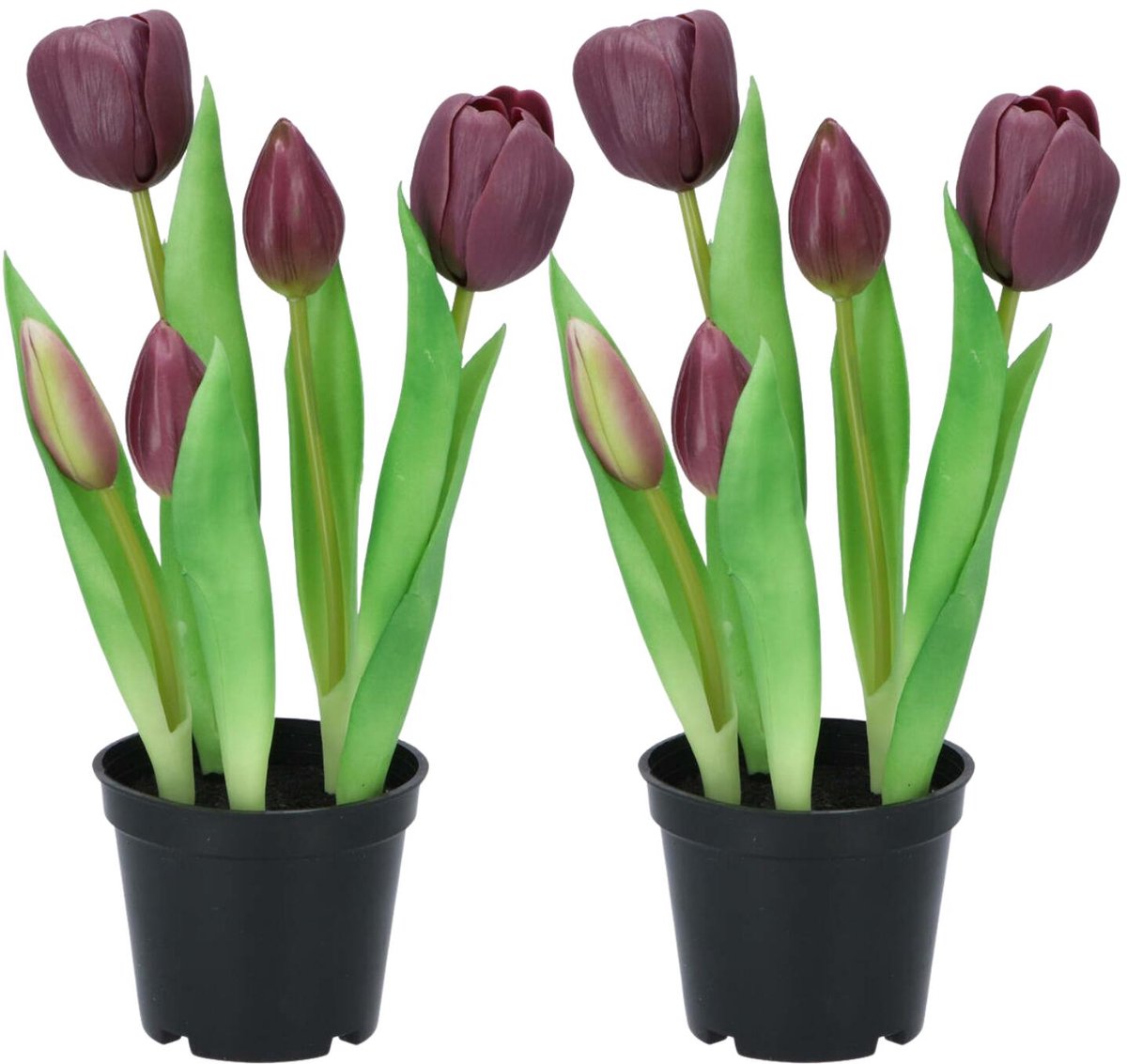 DK design Kunst tulpen Holland in pot - 2x stuks - donker paars - real touch - 26 cm - levensechte kunstbloemen