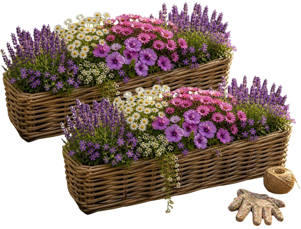 Mega Collections Plantenmand Java - 2x - rotan - naturel - rechthoek - 60 x 16 x 15 cm - plantenbak buiten/binnen