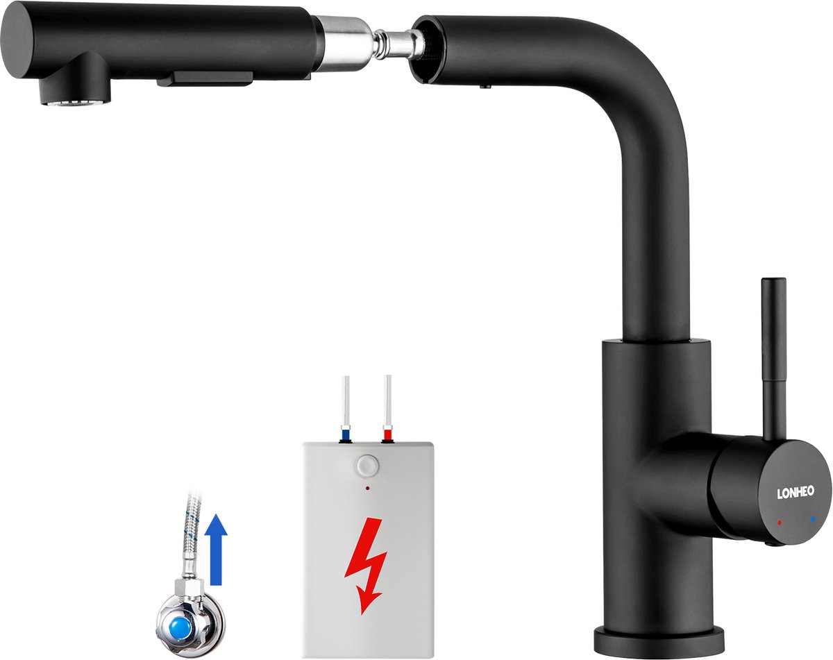 Lonheo MAX Luxe Keukenkraan Lagedruk - Met Afneembare Adapter - Uittrekbare Handdouche - KTW Gecertificeerde Slangen - Zwart