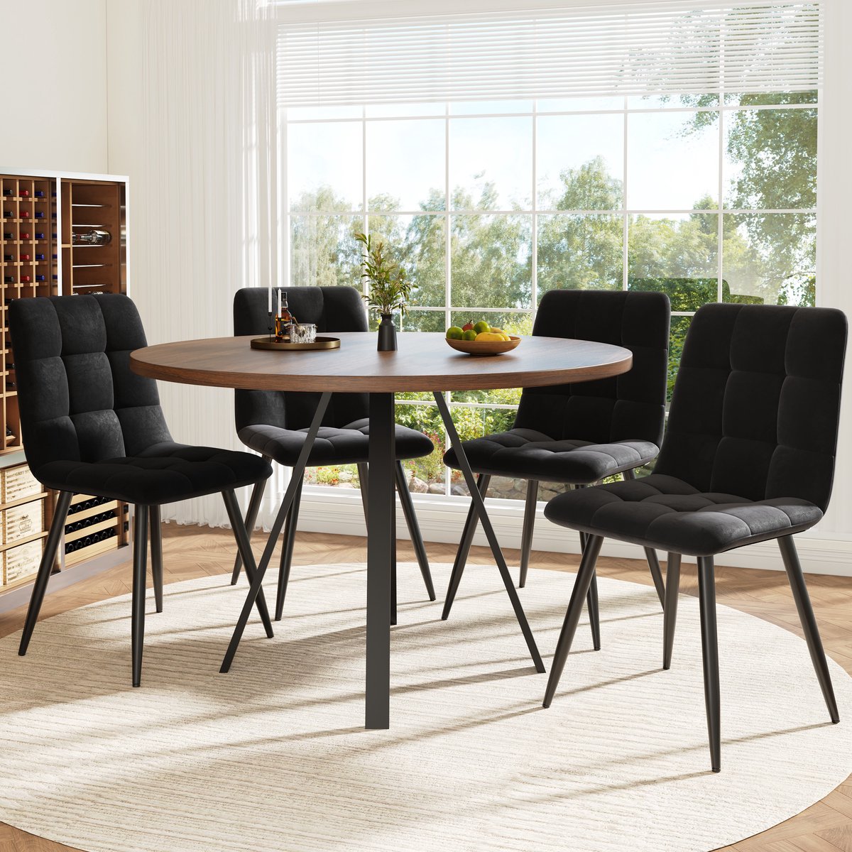 Eettafelset - 80×80×75 cm - Ronde Tafel Met 4 Stoelen - Samtsitze - Nootkleurige Tafel - Zwart