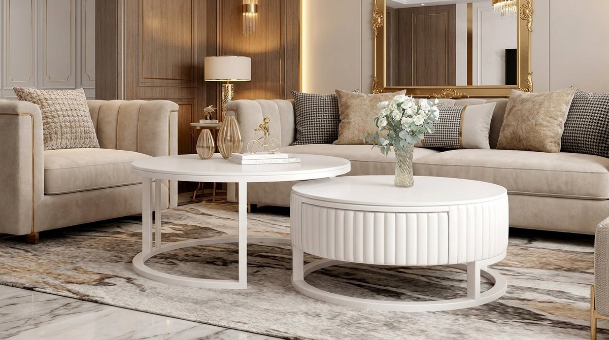 House&Garde Set van 2 ronde salontafels wit 50 + 70 cm – moderne nesting koffietafels met metalen frame & stenen blad – luxe bijzettafels woonkamer, balkon & kantoor – ruimtebesparend design – House&Garden