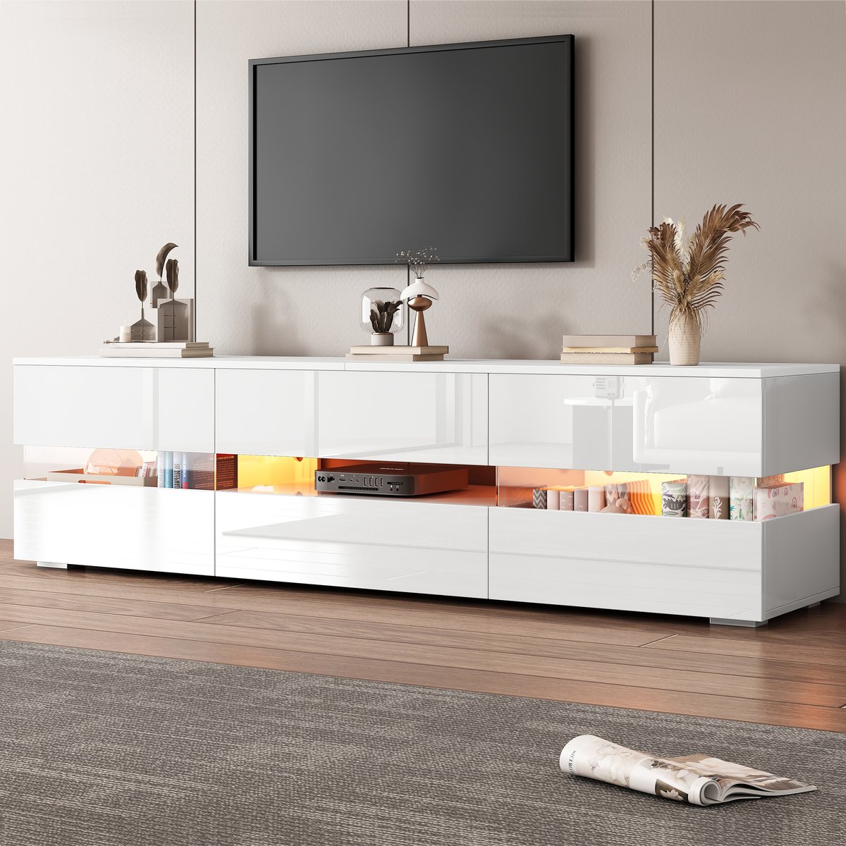 TV-meubel 180x34x40 cm - Hoogglans met 4 Lades en LED - MDF - Wit