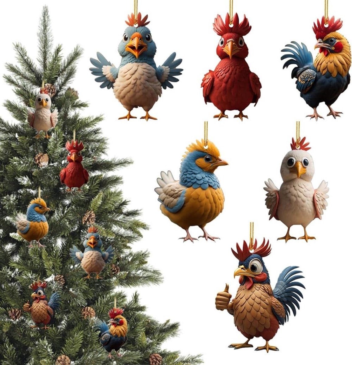 Dailygoody - Grappige Kerst Ornamenten - 6 Stuks - Unieke Decoratie - Meerkleurig - Kerstboom Hangers - Acryl Kip - Voor Kerstmis