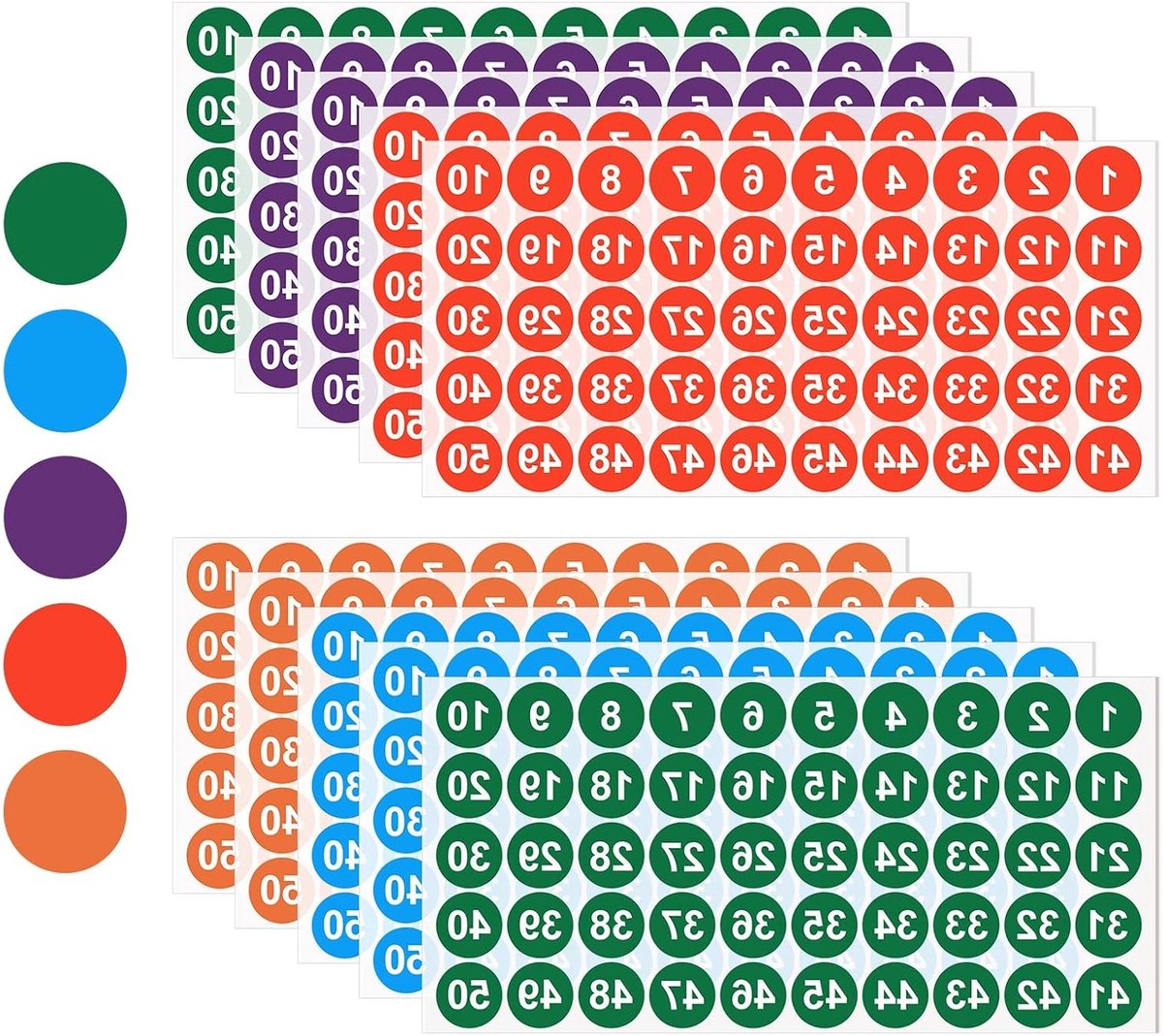 Nummerstickers van 1 tot 100, 10 vellen zelfklevende vinyl stickers, waterdicht en rond, ideaal voor inventaris en labels in 5 kleuren