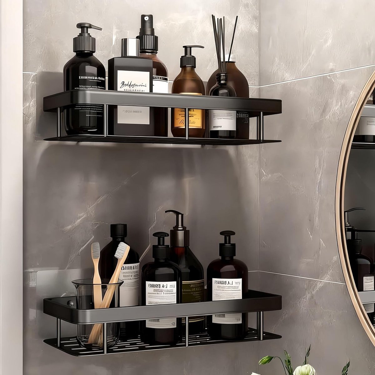 Dubbele Laag Douche Zeep Dish, Badkamer Haak Spons Mand Houder, Wandgemonteerde Organizer voor Zeep en Badaccessoires van Zwart Ruimte Aluminium