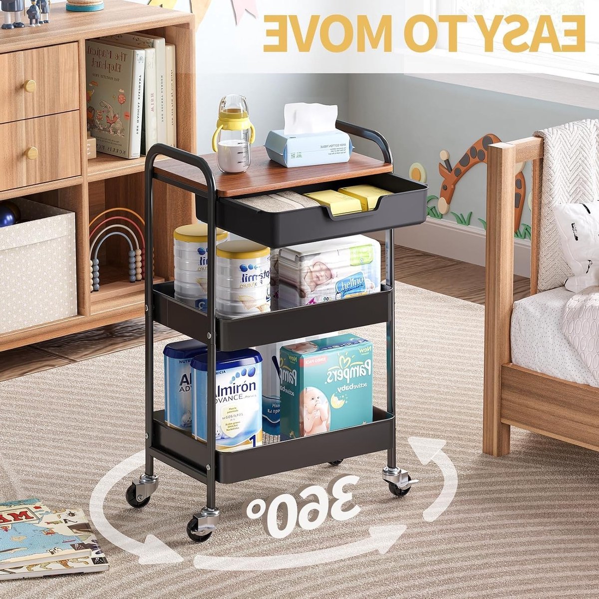 3-delige Opbergtrolley op Wielen, Metalen Rollende Kar met Plastic Lade en Houten Bovenblad, Keukenopberger voor Boeken, Schoonheidsproducten en Knutselspullen, Ideaal voor Badkamer en Kantoor