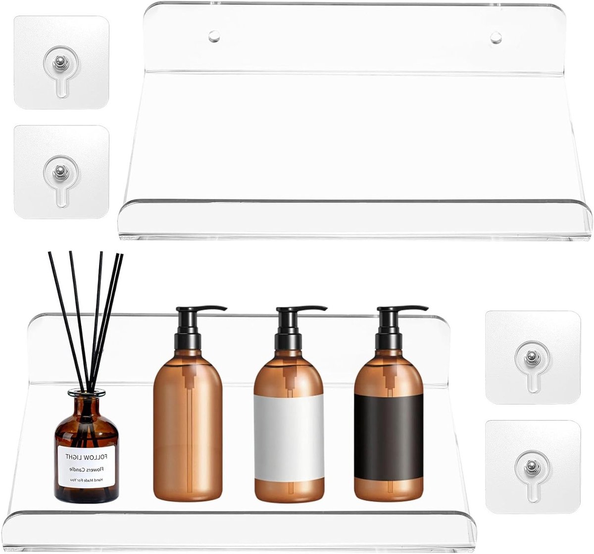 Set van 2 Zwevende Wandplanken, Duidelijke Acryl Planken, Zelfklevende Planken voor Badkamer, Keuken en Woonkamer, Geen Boren Nodig, Ideaal voor Opbergruimte en Decoratie