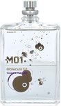 Transparante fles met een zilveren dop. Het glas is bedrukt met grijze en paarse moleculaire vormen en de tekst 'M01 Molecule 01 Escentric Molecules'.