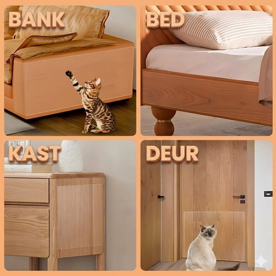 Collage van katten die meubels krabben: bank, bed, kast, deur. Producten ter bescherming tegen krabben.