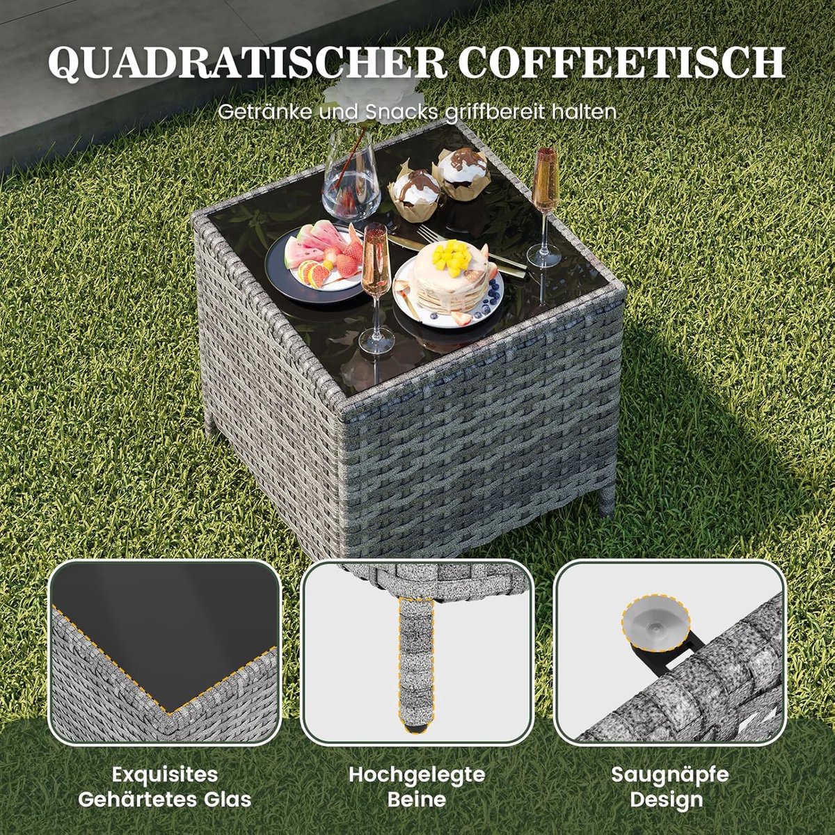 Horizon Comfort Luxe Verstelbare Rotan Loungeset 5-delig met 2 Verstelbare Stoelen, 2 Hockers & Glazen Tafel – 68×58×102 cm Stoelen, 45×45×45 cm Tafel – Weerbestendige Tuinmeubelset