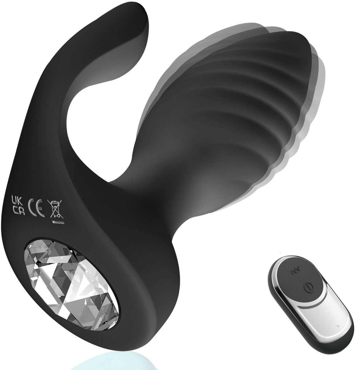 Oneay Anale plug met afstandsbediening, 2-in-1 vibrator en clitorisstimulator, 10 standen, dubbele motoren, kristallen diamant, voor vrouwen - Zwart