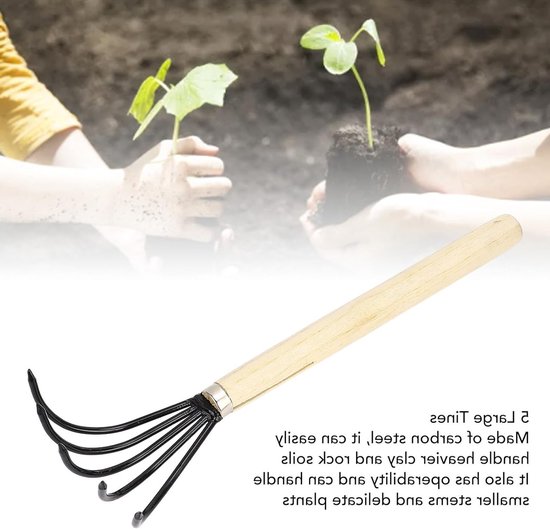 Ergonomische handhark met 5 stalen tanden en houten handvat voor tuinieren, grondbewerking en beluchting van de bodem — afbeelding 5