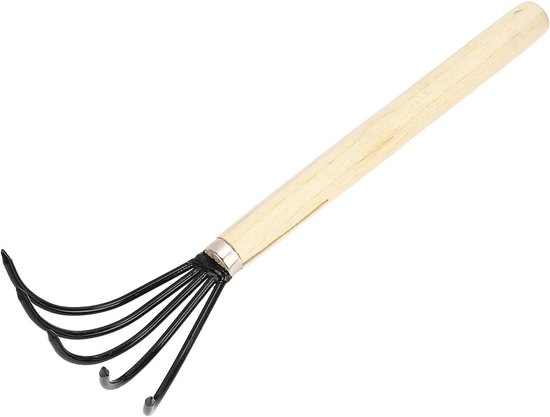 Ergonomische handhark met 5 stalen tanden en houten handvat voor tuinieren, grondbewerking en beluchting van de bodem — afbeelding 4