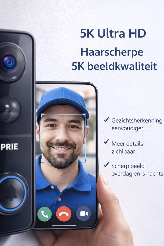 PRIE® 5K Ultra HD Slimme Draadloze Video Deurbel Met Camera - Geen abonnement - Deurbellen Met Camera - Deurbel Draadloos WiFi - Waterdicht - Incl. Gong (T-ring geluid) - Incl. 64GB SD — afbeelding 2