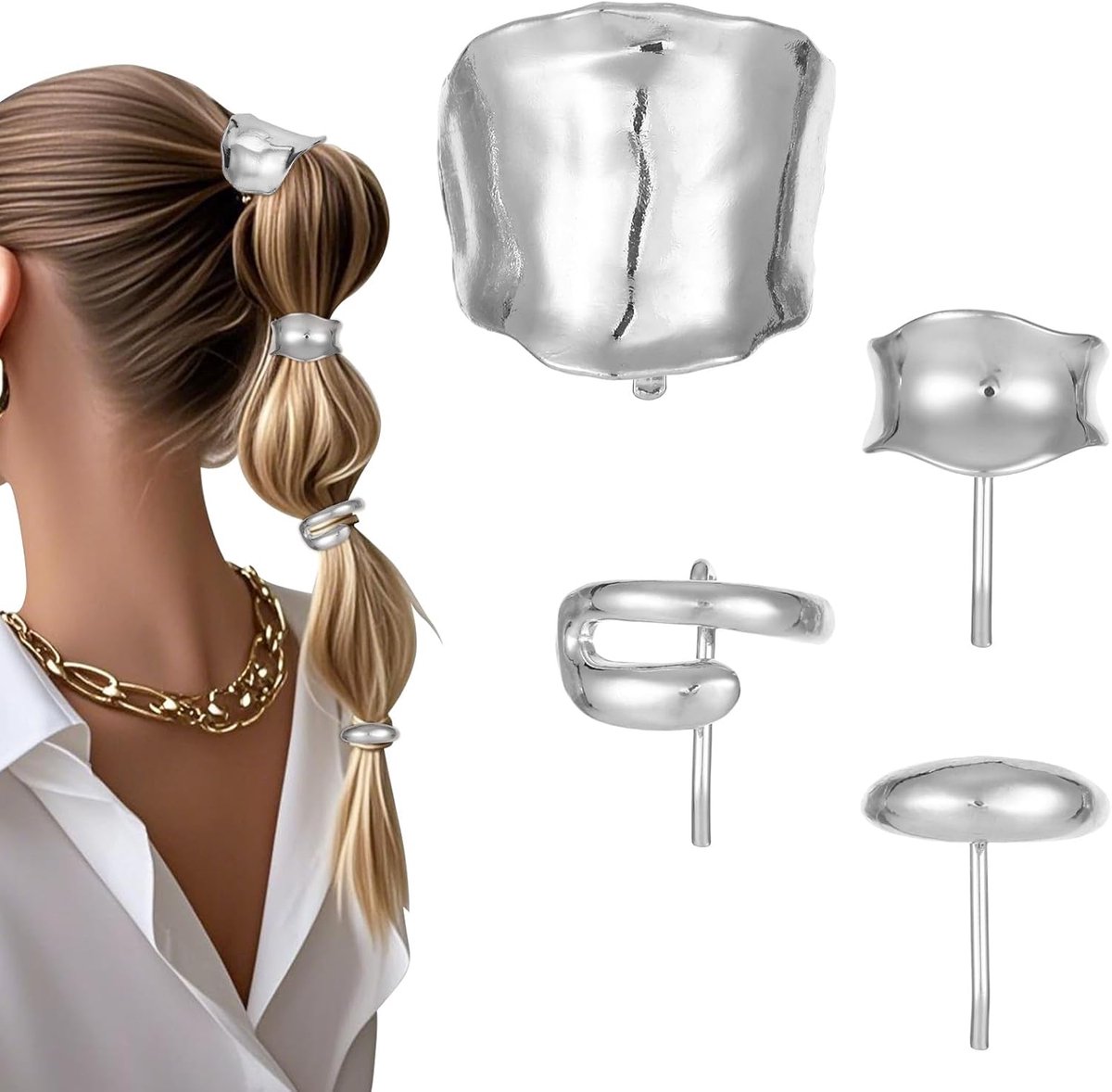 4x Luxe Haarmanchetten Paardenstaart - Zilveren Metalen Clip & Gesp voor Vrouwen en Meisjes