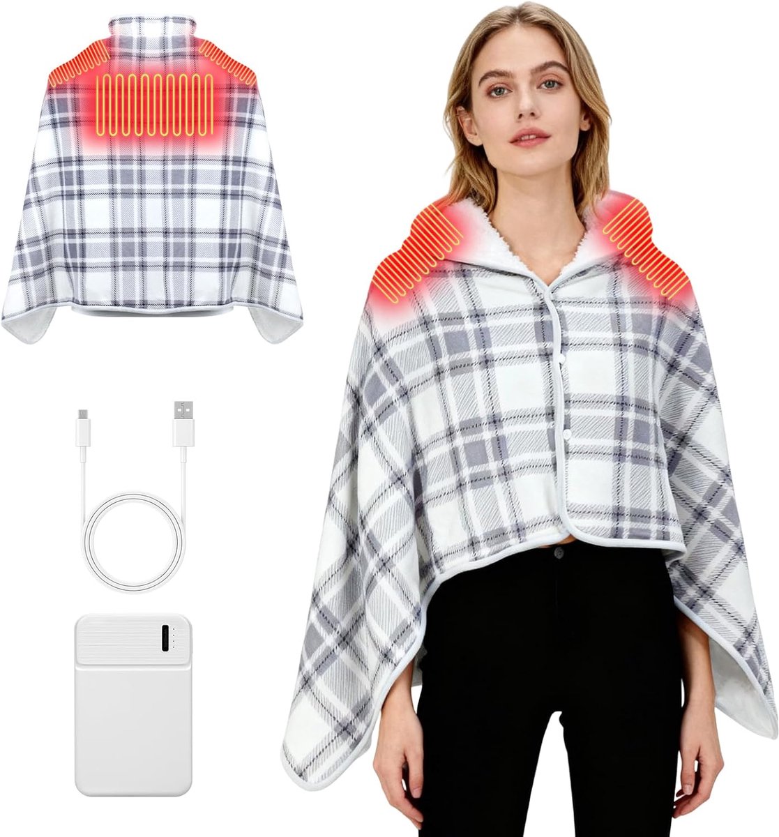 Elektrische Verwarmde Sjaal Deken voor Dames - Multiway Poncho Fleece Wrap met Snap Sluiting