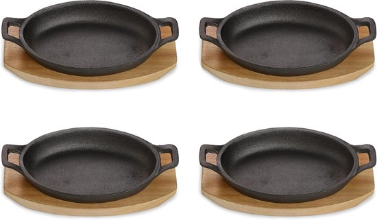 Gietijzeren Serveerschalen Set met Houten Serveerplank - Ovenschaal en Grillpan