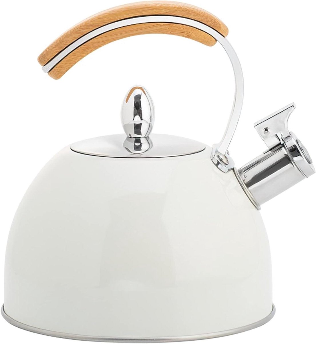 Waterkoker met Fluit - Theepot Ketel - Water Koken - Houten Handvat - 3 Liter - Wit