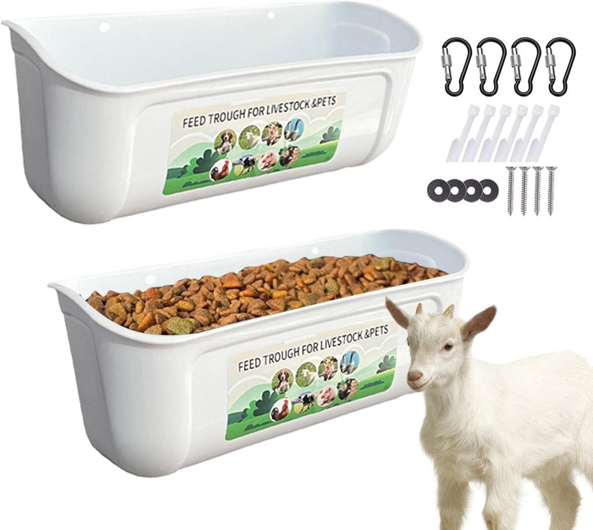 Set van 2 Op te Hangen Voederbakken voor Kippen en Eenden - Grote Capaciteit, Robuust PP-Plastic, Inclusief Bevestigingsmateriaal