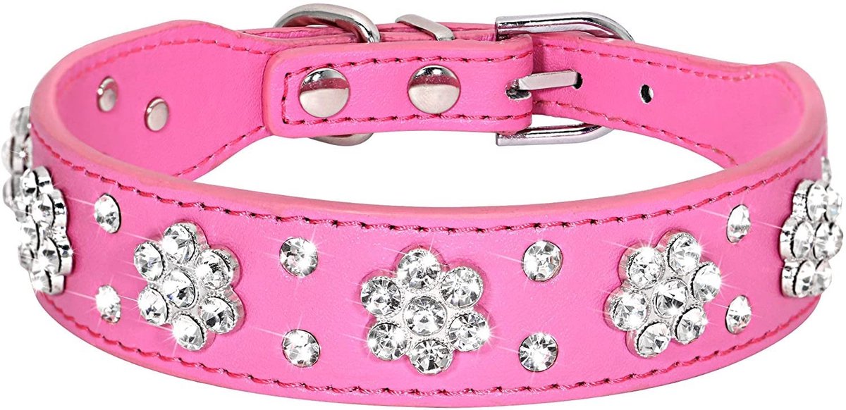 Cosensi- Halsband Bling - Verstelbaar - Faux Leer - Kristallen Strass - Maat L - Breedte 2,5 cm - Totale lengte 43 cm - Hondenkraag