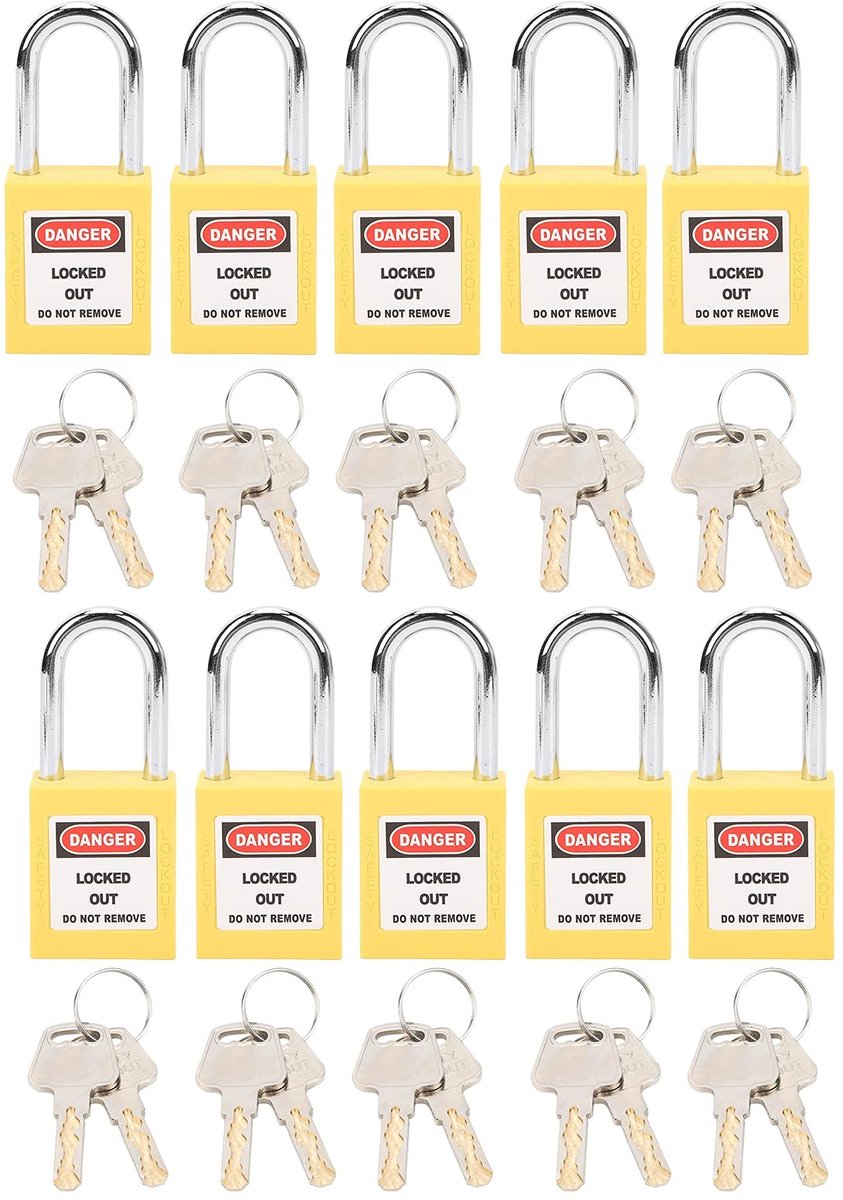 Cosensi - Veiligheidssloten - Chemische beveiliging - 10 stuks - Geel - Nylon sloten - Voor industrieën zoals gas en chemie - 38 mm