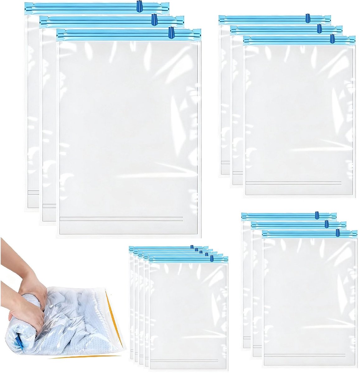 Cosensi- Opbergzakken Kleding 14 Stuks - Vacuümzakken zonder Pomp - Opbergtassen 4 Maten - Transparant - Compacte Opslag - Handmatig Luchtverdrijving