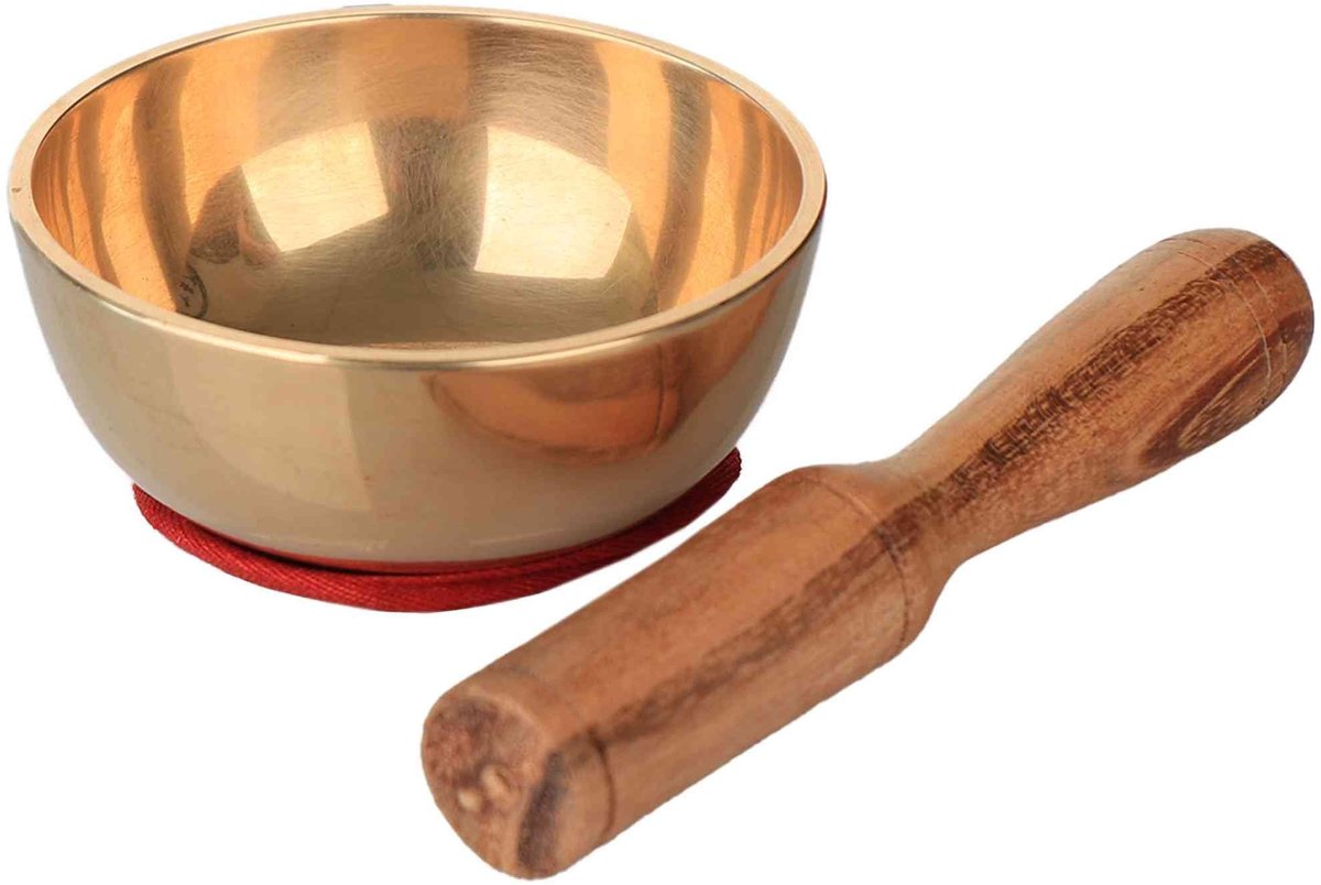 Cosensi- Klankschaalset handgemaakt - Klankschaal messing - Houten lepel - Rood kussen - Ideaal voor meditatie - Diameter 7 cm, hoogte 3 cm - Meditatiekussen