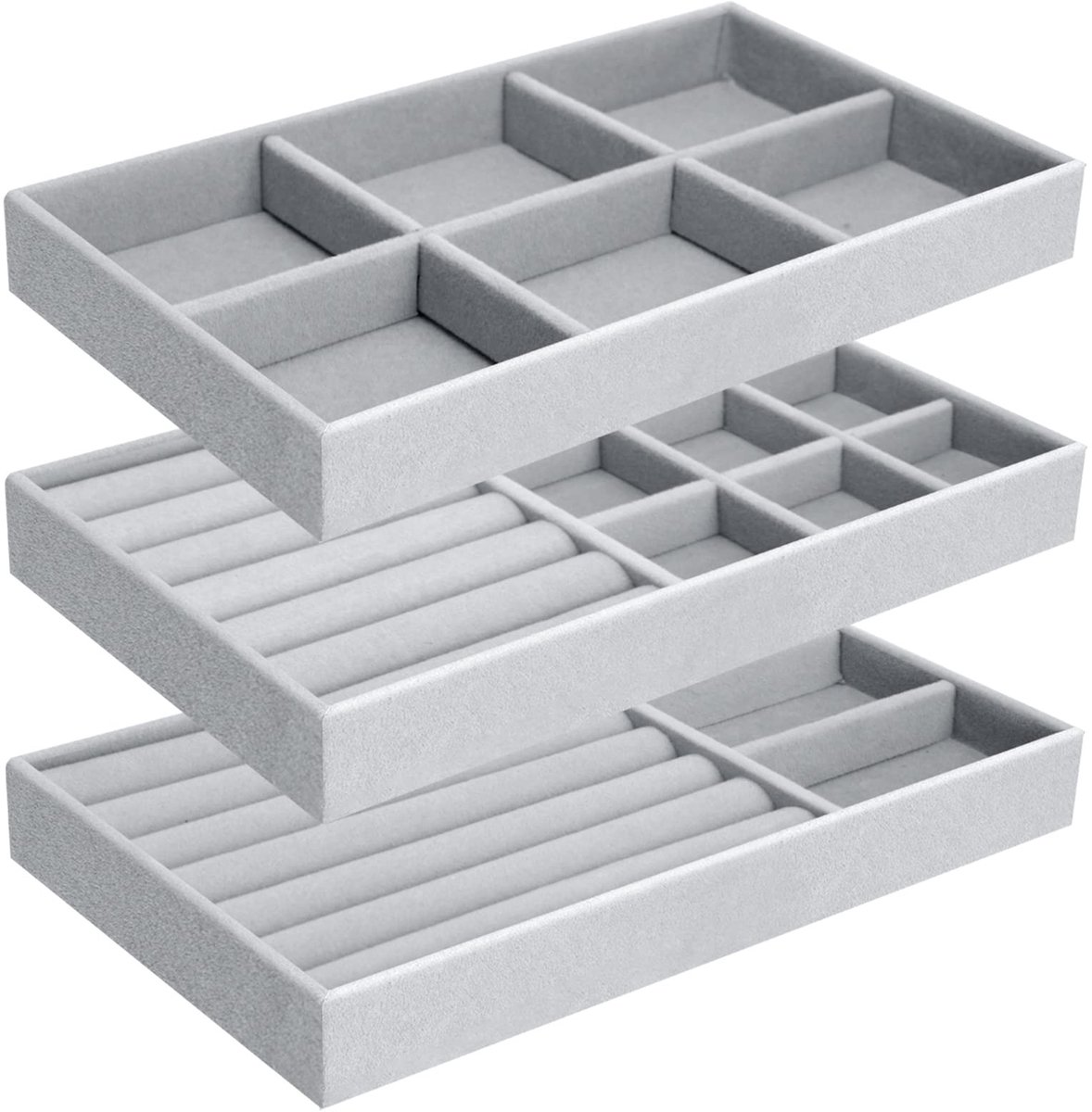 Cosensi- Sieradenbox 3-delig - Opbergdoos voor Ringen/Oorbellen/Hangertjes - Verstelbare Indeling - Hoogwaardige Velvet - 21 x 12,5 x 2,5 cm - Juwelendoos