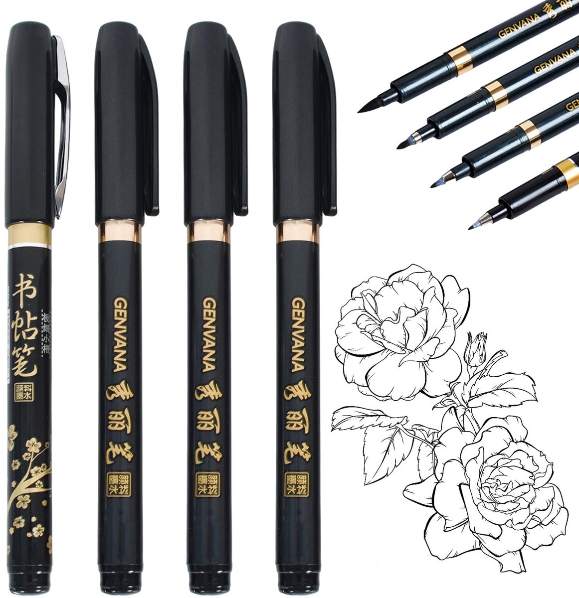 Cosensi- Shodo-penseel 4 stuks - Kalligrafiepennen - Vervaagbestendige inkt - Lichtgewicht ontwerp - Geschikt voor beginners en ervaren kalligrafen - Verbeter uw schrijf- en tekenervaring - Kalligrafiepen