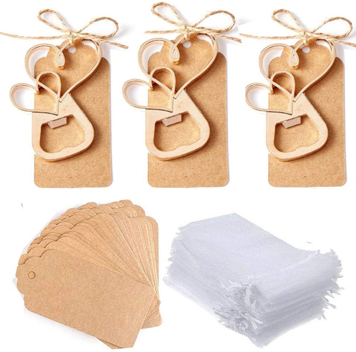 Cosensi- Flesopeners 30 stuks - Hartvorm - Transparante tas - Huwelijksgeschenken - Sleutelhanger - Gouden legering - Afmetingen 7,6 x 6,3 cm - Party Favors
