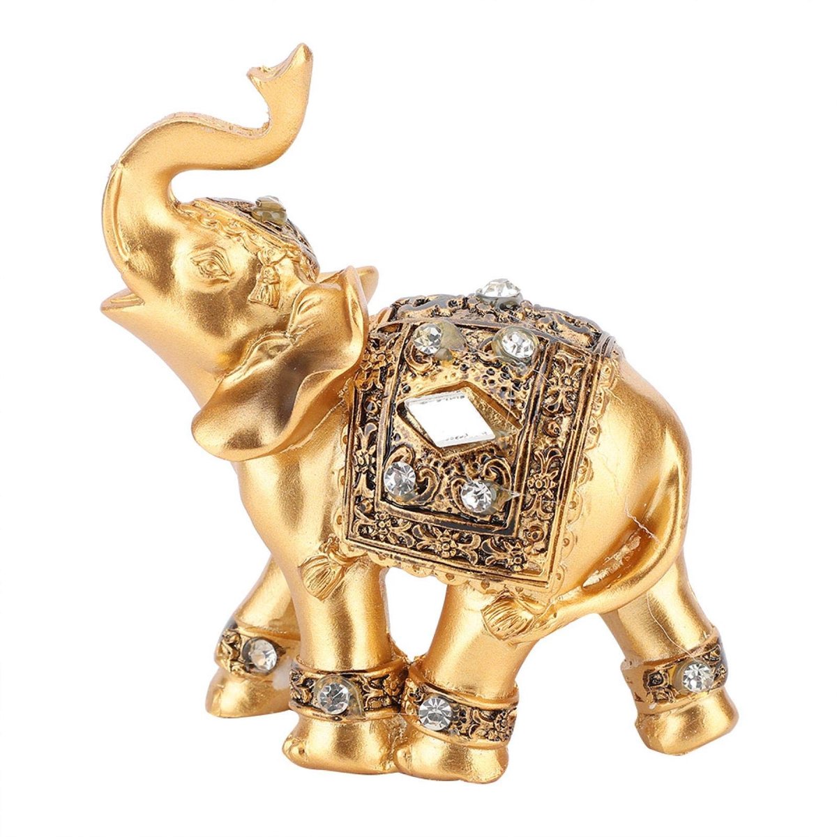 Cosensi- Beeldje Gouden Olifant - Feng Shui Sculptuur - Decoratie Woonkamer - Kunsthars - 9 x 9 cm - Uitstekend Vakmanschap