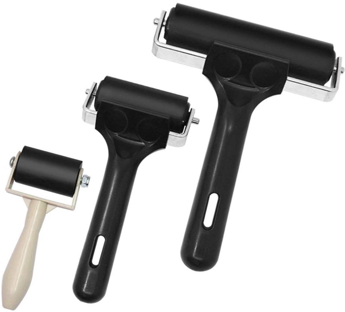 Cosensi- Rubber Roller Set - 3 Stuks - Antislip Handvat - Stalen Frame - Voor Stempelen/Dyeing - 3.5cm/6cm/10cm Afmetingen - Brayer