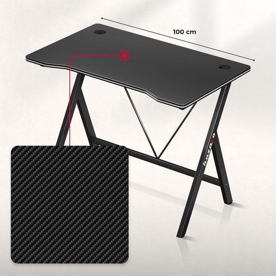 huzaro Hero 1.4 Black Computertafel, gamingtafel, bureau, pc-tafel, 100 x 50 cm, twee kabeldoorvoeringen, stalen constructie, carbon tafelblad, zwart — afbeelding 4