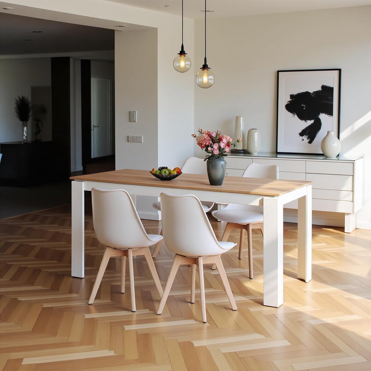 Dining Table with 4 Chairs, Dining Chairs and Rectangular, Kitchen Table, Dining Group, Sitting Set for Living Room, Kitchen, Office (160cm, Oak White Table Legs, Table + 4 White Chairs)