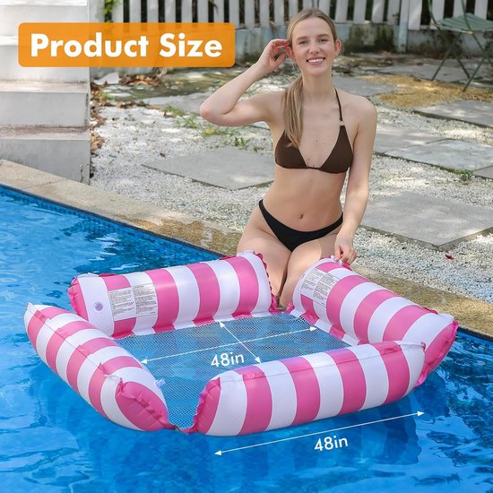 Opblaasbare zwembadvlotterstoel lounge voor drijvende volwassenen en kinderen, streeppatroon drijvende hangmat voor zwembadfeest zomer waterplezier (marineblauw+lichtblauw+roze) — afbeelding 2